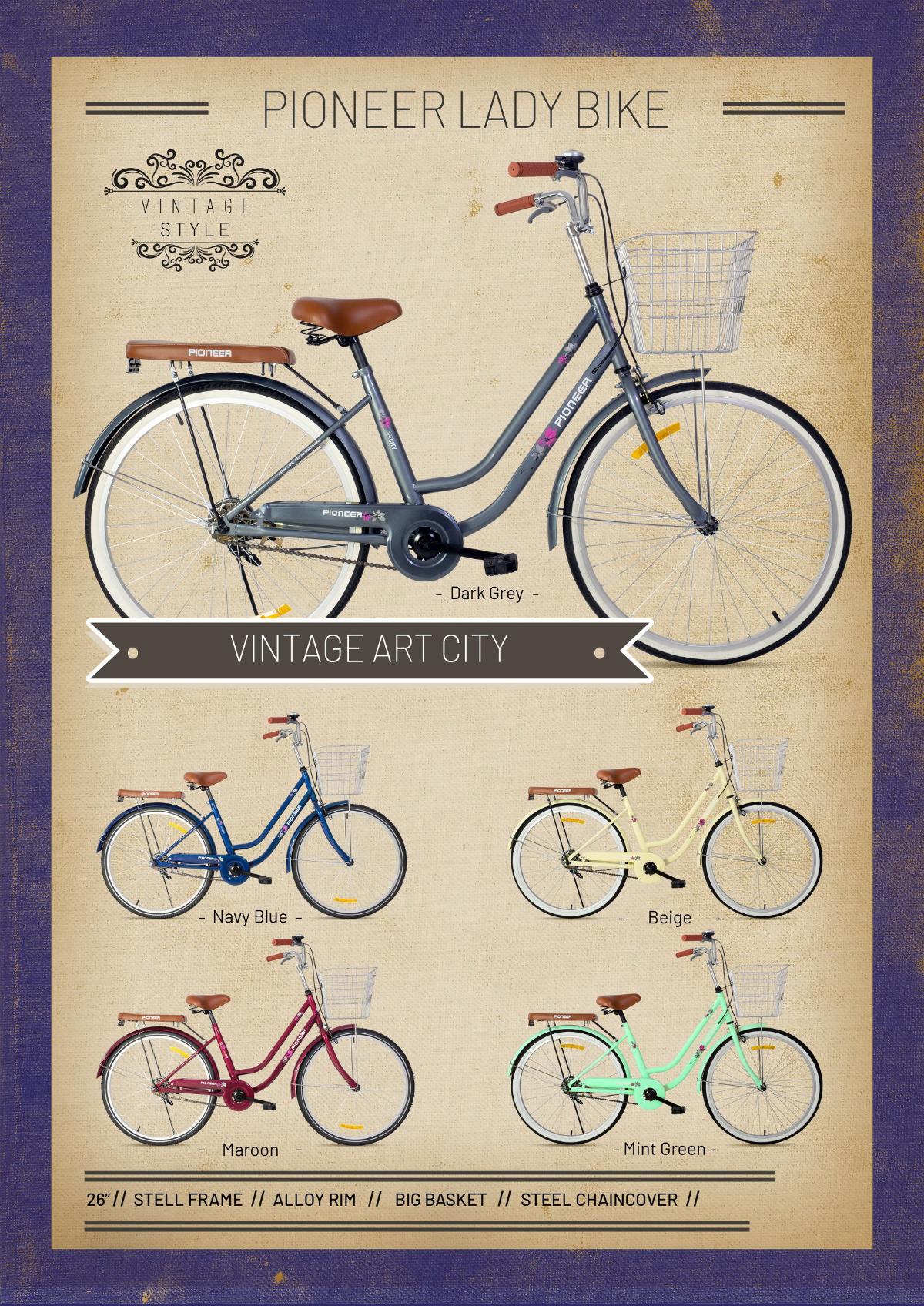 จักรยานแม่บ้าน ดีไซน์สไตล์วินเทจ สีสวยๆ Pioneer Vintage Art City